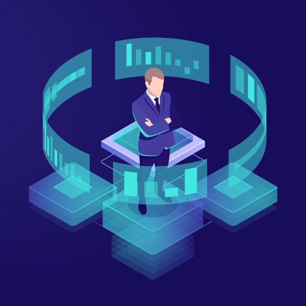 Man look graphic chart, business analytics concept, big data processing icon, virtual reality interface, server room admin administrator, isometric illustration vector neon dark